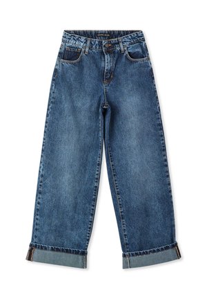 Jeans larghi blu chiaro in denim, con vita alta, cinque tasche e orli arrotolati con cuciture decorative.