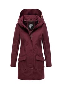 Veste imperméable bourgogne avec capuche, dotée d'une fermeture éclair, de deux poches avant et d'un discret logo brodé sur la poitrine.