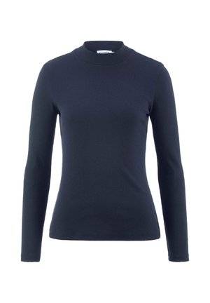 Marineblauw longsleeve coltrui van ribstof, met een getailleerd ontwerp en hoge kraag, een gladde textuur en zonder zichtbare patronen.
