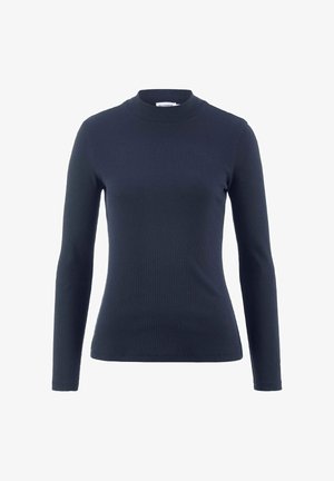 Marineblauw longsleeve coltrui van ribstof, met een getailleerd ontwerp en hoge kraag, een gladde textuur en zonder zichtbare patronen.