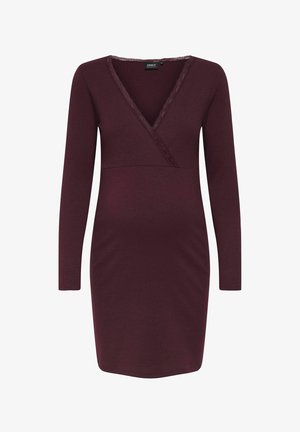 Long-sleeve, deep V-neck dress in dark burgundy ribbed fabric with lace trim along the neckline and fitted silhouette.