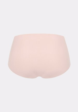 Seamless light pink women's hipster-style underwear with full rear coverage on a plain background.