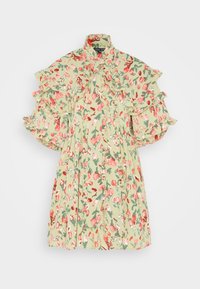 Blassgrünes Blumenkleid mit rüschierten kurzen Ärmeln und hohem Kragen, das mit rosa und roten Blumenmustern sowie blättrigen Akzenten verziert ist.