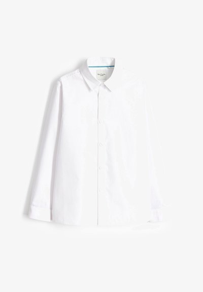 Bela srajca z dolgimi rokavi, izdelana iz gladkega bombaža, z ovratnikom, sprednjimi gumbi in ravnim robom. Brez vzorcev ali dodatkov.