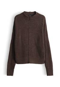 Brauner Strickpullover mit rundem Ausschnitt, weiten Ärmeln und geradem Schnitt. Strukturierter Stoff mit einem dezenten Muster überall.