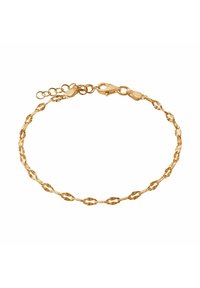 Złota bransoletka łańcuszkowa z owalnymi ogniwami, charakteryzująca się teksturowaną powierzchnią i zapięciem na karabińczyk. Regulowana długość z dodatkowym łańcuszkiem.