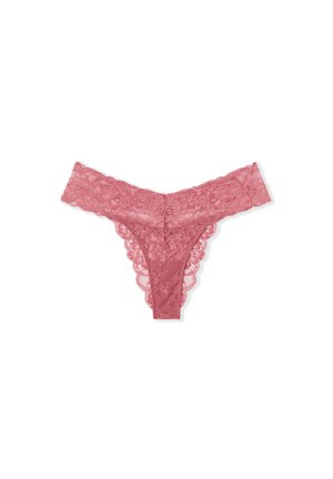Lace thong in rose color featuring floral patterns, scalloped edges, and a sheer texture. Front and back design with narrow triangular shape.