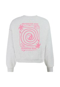 Sudadera gris claro con diseño de espiral rosa, palmeras y texto "Saltwater Soul" y "Balanced Roll" en la parte trasera.