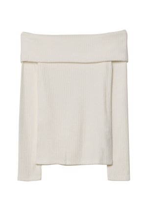 Top bianco off-shoulder realizzato in tessuto a coste, con scollatura ampia e maniche lunghe dal taglio morbido.
