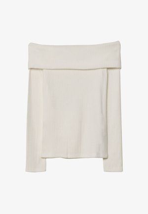 Top bianco off-shoulder realizzato in tessuto a coste, con scollatura ampia e maniche lunghe dal taglio morbido.