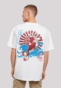 White cotton T-shirt with a graphic design featuring a red and white koi fish, blue waves, and Japanese text on the back. Short sleeves.