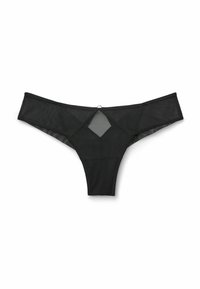 Zwarte stringonderbroek van doorzichtig gaas met een diamantvormige uitsparing aan de achterkant en een dunne band langs de bovenrand.