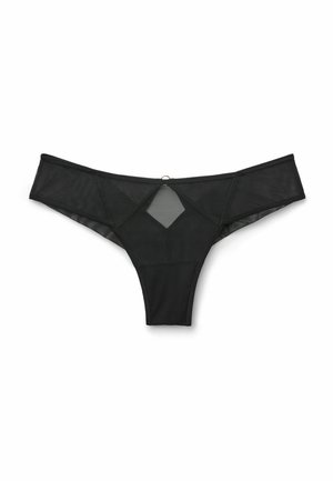 Perizoma nero in materiale rete trasparente con dettaglio a forma di diamante sul retro e una sottile banda lungo i bordi superiori.