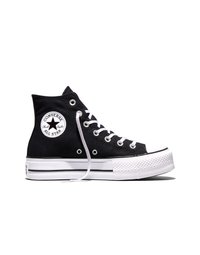 Czarny wysoki tenisówka Converse Chuck Taylor All Star z białymi sznurowadłami, białą gumową podeszwą i okrągłym logo na kostce.