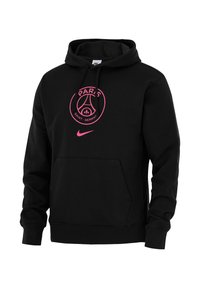 Schwarzer Kapuzenpullover aus Baumwolle mit einer Vordertasche. Besitzt ein zentriertes pinkes Paris Saint-Germain-Logo auf der Brust und eine Kordelzugkapuze.