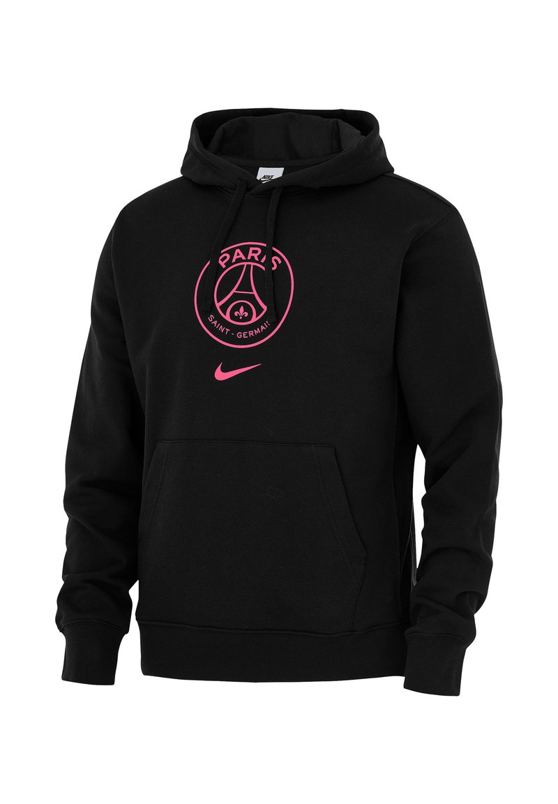 Schwarzer Kapuzenpullover aus Baumwolle mit einer Vordertasche. Besitzt ein zentriertes pinkes Paris Saint-Germain-Logo auf der Brust und eine Kordelzugkapuze.