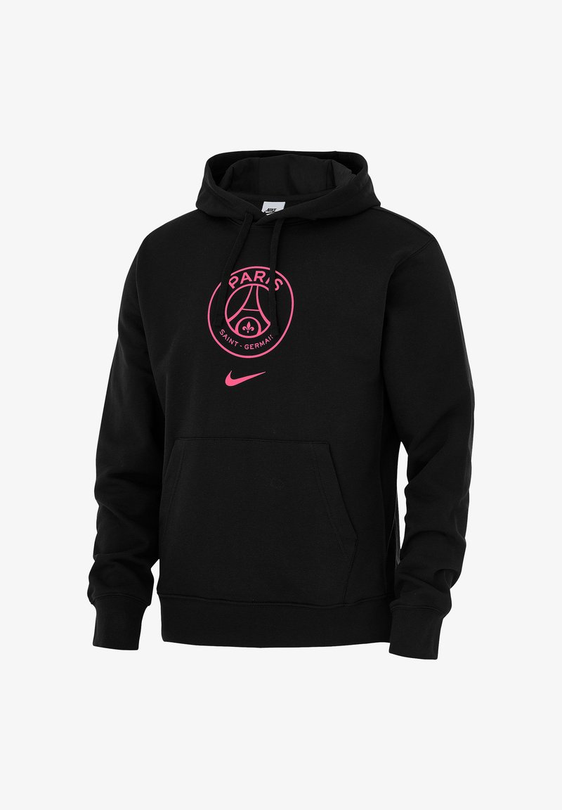 Schwarzer Kapuzenpullover aus Baumwolle mit einer Vordertasche. Besitzt ein zentriertes pinkes Paris Saint-Germain-Logo auf der Brust und eine Kordelzugkapuze.