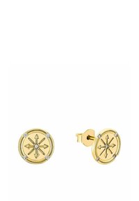 Orecchini a bottone in oro con un design circolare, caratterizzati da motivi a freccia e piccoli cristalli incastonati per un ulteriore dettaglio e texture.
