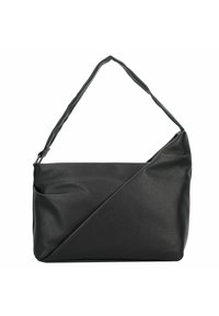 Schwarze Lederhandtasche mit einer strukturierten Oberfläche, die ein diagonales Design aufweist und einen langen, verdrehten Riemen hat. Eine Seite hat ein Taschen-Detail.