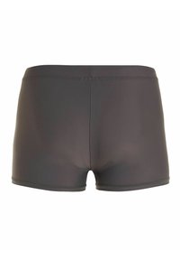 Dunkelgraue Badeshorts aus glattem, elastischem Material. Sie verfügen über ein körpernahes Design mit einem schlichten Bund und flachen Nähten.