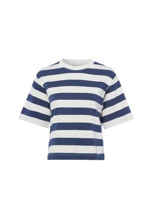 Granatowo-biała koszulka z krótkim rękawem, z poziomymi paskami, o okrągłym dekolcie i luźnym kroju.