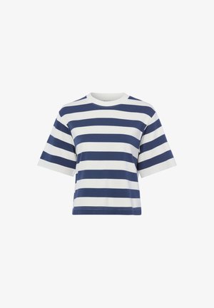 T-shirt a maniche corte a righe orizzontali blu navy e bianche, con scollo rotondo e vestibilità comoda.