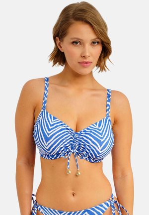 Blauwe en witte gestreepte bikini met een geplooid ontwerp, verstelbare bandjes en decoratieve strikjes met gouden accenten.