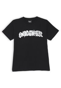 T-shirt nera in cotone con grande scritta bianca in stile graffiti "DISCLAIMER" sul petto. Maniche corte e girocollo.