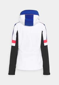 Hooded jacket with a white body, blue accents on the hood, and black sleeves. Features color-blocked detailing and stitched patterns.