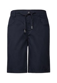 Shorts bleu marine en tissu léger, dotés d'une taille élastique avec cordon de serrage, de poches latérales et d'une coupe droite.