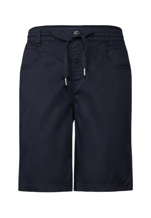 Marineblauwe shorts van lichtgewicht stof, met een elastische tailleband met trekkoord, zijzakken en een rechte snit.