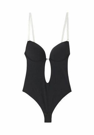 Black bodysuit with a cutout design, molded cups, and clear adjustable straps. Made from a smooth material featuring a hook closure at the bottom.