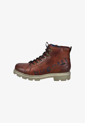 Brown leather ankle boot with black laces, gold eyelets, and a rugged sole. Features a subtle blue printed logo on the side.