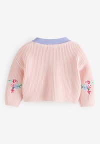 Pink knitted sweater with blue collar and floral embroidery on both sleeves, shown from the back.