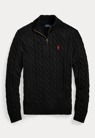 Mustast soonikootud kampsun kvart tõmbluku ja punase Tikitud Polo Ralph Lauren logoga rinnal.