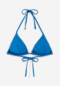 Sinine kolmnurkne bikiinivöö, mis on valmistatud siledast kangast, reguleeritavate sidemetega kaela ja selja taga ning kokku volitud aktsentidega aluses.