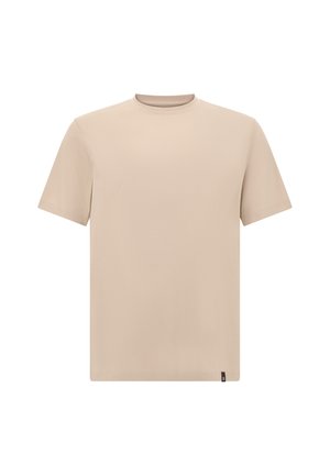 Beeži lühikeste varrukatega t-särk, mis on valmistatud siledast materjalist, ümmarguse kaelusega, alumisel äärel on diskreetne logoaksent. Lihtne, minimalistlik disain.