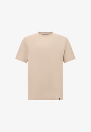 Beige tričko s krátkým rukávem vyrobené z hladkého materiálu s kulatým výstřihem, které má jemný logový akcent na spodním lemu. Jednoduchý, minimalistický design.