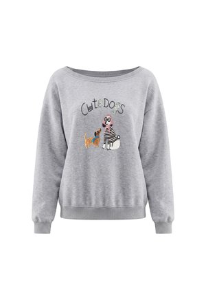 Light gray sweatshirt with embroidered dogs and the text "Cute Dogs" on the front, featuring a small brown dog and a seated black-and-white dog.