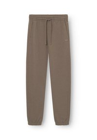 Bruine joggingbroek van zachte stof, met een elastische tailleband met een koord, zakken en geribbelde boorden bij de enkels.
