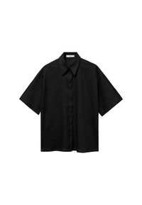 Black short-sleeve shirt made of lightweight fabric, featuring a button-down front and a classic collar design. Plain texture with no patterns.