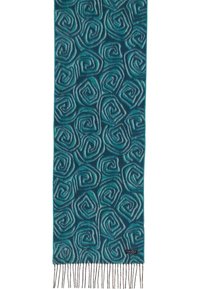 Sciarpa di lana in verde teal con un motivo a spirale in tonalità più chiare, con frange finemente tessute a ciascun estremo per un tocco di texture e dettaglio.