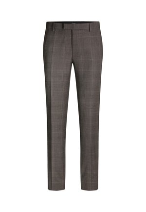 Pantaloni a quadri grigi con una vestibilità su misura, caratterizzati da un design classico, una texture liscia e un taglio dritto. Include anelli per cintura.