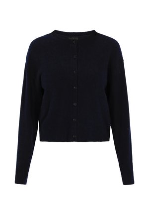 Marineblauwe cropped cardigan van zachte gebreide stof, met een ronde halslijn, lange mouwen en zes voorknopen voor sluiting.