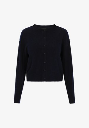 Cardigan în nuanța bleumarin, scurt, dintr-un material moale, cu guler rotund, mâneci lungi și șase butoane frontale pentru închidere.