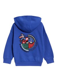 Felpa blu con cappuccio e design grafico che presenta Captain America e Spider-Man, toppe circolari e testo, realizzata in morbido tessuto di cotone.