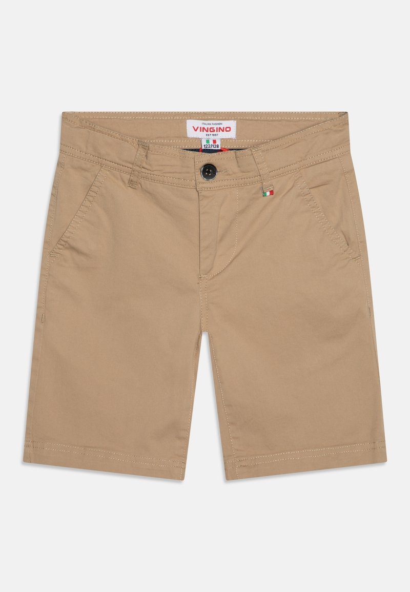 Shorts beige longueur genou avec poches avant, passants de ceinture, fermeture par bouton et petit détail du drapeau italien près de la ceinture.