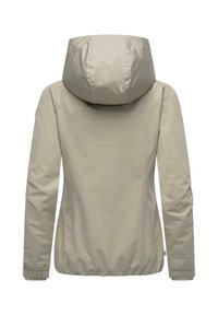 Lys grå jakke med hette, laget av et teksturert stoff, med elastisk midje og mansjetter; designet med en enkel, strømlinjeformet silhuett.