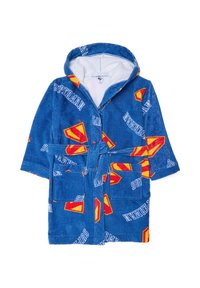 Accappatoio blu con cappuccio realizzato in tessuto morbido, decorato con loghi e scritte di Superman in rosso e bianco. Include una cintura e tasche anteriori.