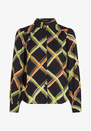 Chemise noire à boutons avec un motif à carreaux coloré comportant des rayures vertes, orange et blanches. Manches longues et texture de tissu douce.